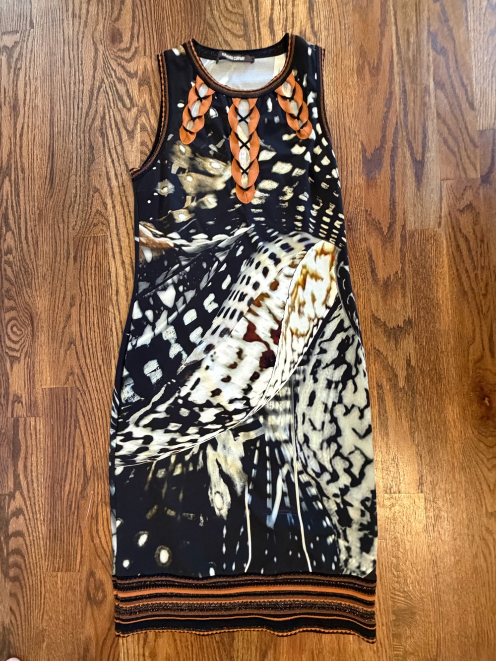 Roberto Cavalli Black, White & Gold Midi Dress with Orange Accents.